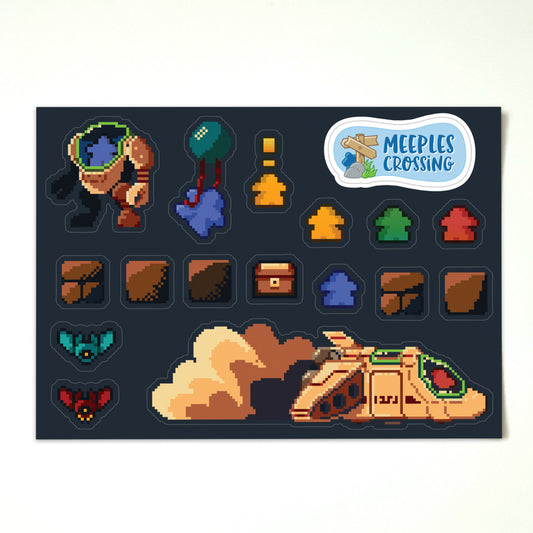 Sticker Sheet: Pixel Art Meeples & Space Ships! - Meeple Stickers - Retro Board Game Stickers