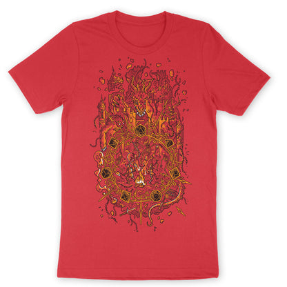 Circle of Fate Tabletop RPG T-Shirt on Red - Dragon Crashing through Castle, enemies grouped about the players' party