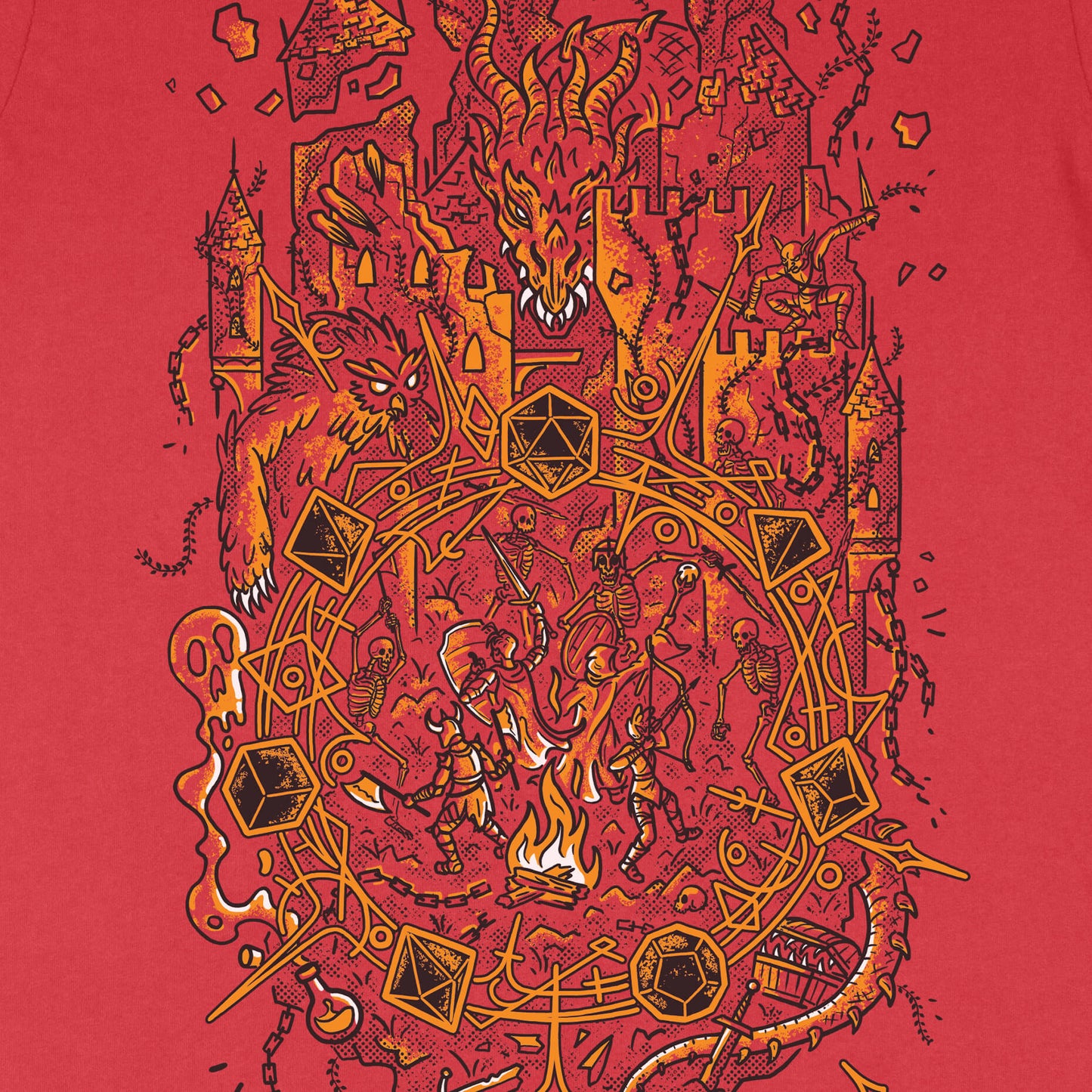 Castle ruins crumbling as the dragon crashes through them towards the party of player characters and their campfire, printed on red fabric. For RPG nights and game nights!